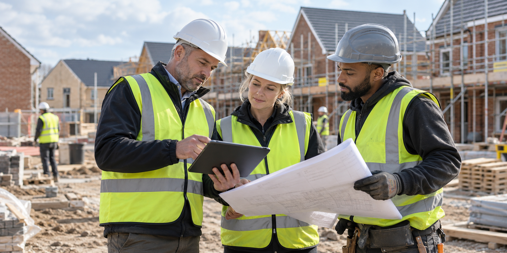 Construction professionals reviewing plans at a housebuilding site